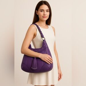 Isabella Adams Purple Leather Hobo Shoulder Bag‎ with Braided Strap & Tassel